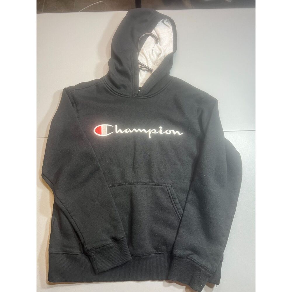 Champion Youth Hoodie Sweatshirt Black Pullover Big Script Logo Size M
